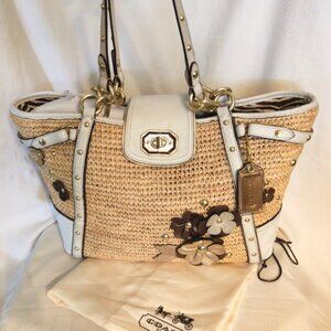 Coach Hamptons Large Natalie Raffia Straw & Leather Tea Roses Tote Bag GUC